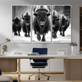 79872-MGV-FC-48X32-3P_White-Bison Herd Wall Art – Black and White Buffalo on Snow Canvas Print, Rustic Wildlife Decor for Lodge, Cabin, or Living Room