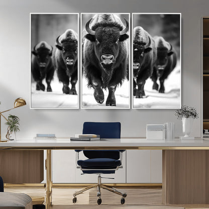79872-MGV-FC-48X32-3P_White-Bison Herd Wall Art – Black and White Buffalo on Snow Canvas Print, Rustic Wildlife Decor for Lodge, Cabin, or Living Room