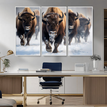 80512-MGV-CV-36X24-Bison Herd Wall Art – Buffalo Running in Snow Canvas Print, Rustic Wildlife Photography Decor for Cabin, Lodge, or Living Room