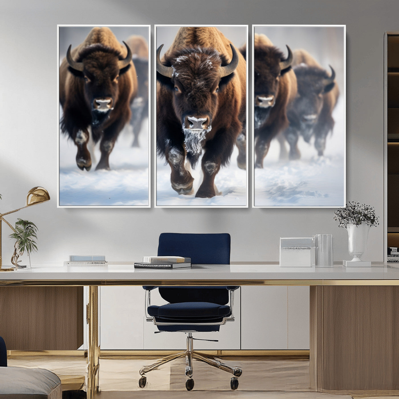 80512-MGV-CV-36X24-Bison Herd Wall Art – Buffalo Running in Snow Canvas Print, Rustic Wildlife Photography Decor for Cabin, Lodge, or Living Room