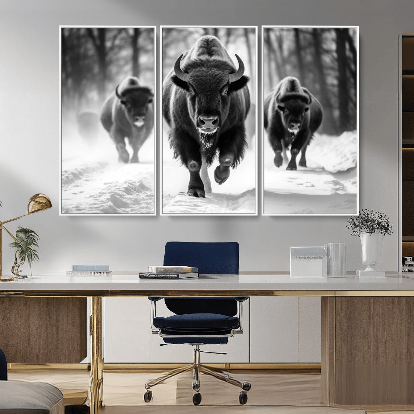 97552-MGV-CV-36X24-Black and White Bison Wall Art – Buffalo Herd Running in Snow Canvas Print, Rustic Wildlife Photography Decor for Cabin, Lodge, or