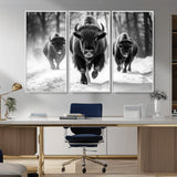 97552-MGV-CV-36X24-Black and White Bison Wall Art – Buffalo Herd Running in Snow Canvas Print, Rustic Wildlife Photography Decor for Cabin, Lodge, or