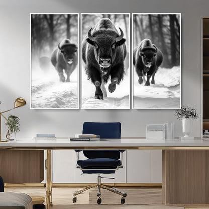 97552-MGV-CV-36X24-Black and White Bison Wall Art – Buffalo Herd Running in Snow Canvas Print, Rustic Wildlife Photography Decor for Cabin, Lodge, or