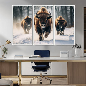 56549-MGV-CV-36X24-Wild Bison Wall Art – Majestic Buffalo Herd Running in Snow Canvas Print, Rustic Wildlife Photography Decor for Cabin, Lodge, or