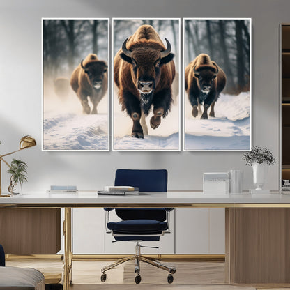 56549-MGV-CV-36X24-Wild Bison Wall Art – Majestic Buffalo Herd Running in Snow Canvas Print, Rustic Wildlife Photography Decor for Cabin, Lodge, or