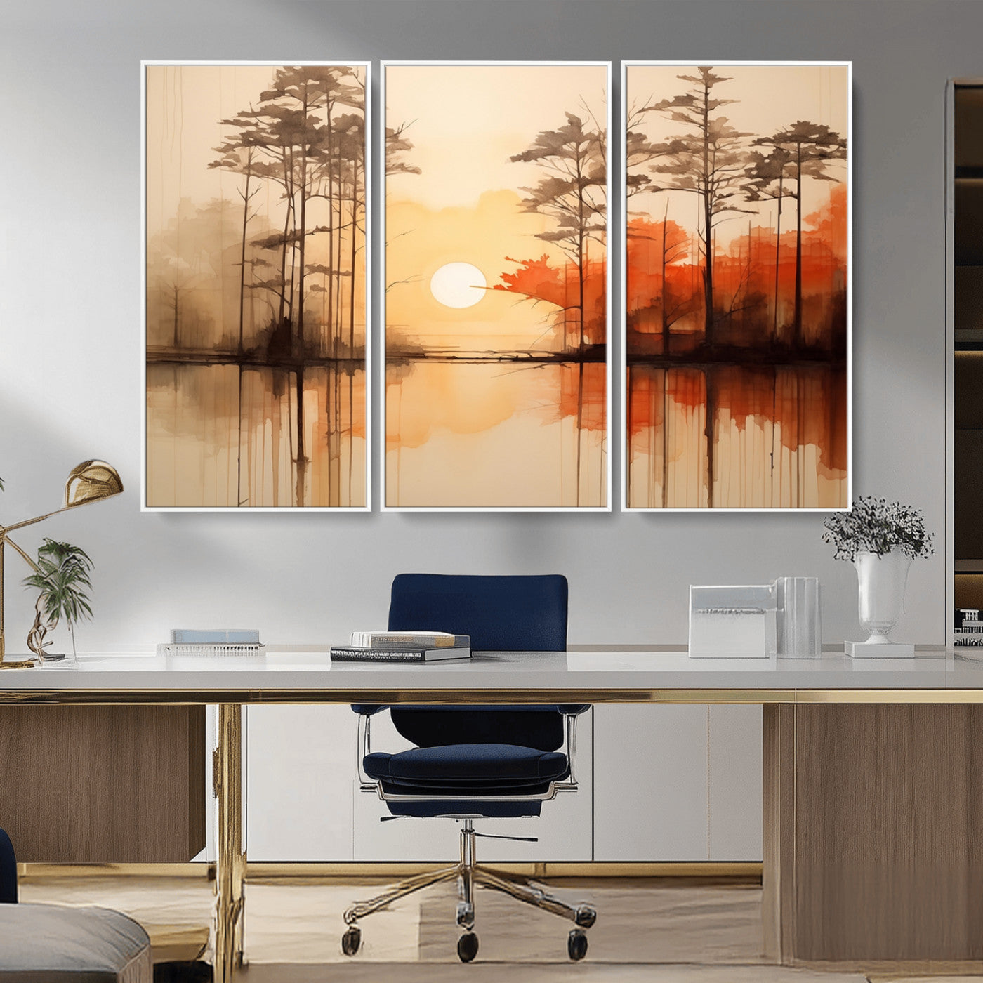 51083-MGV-FC-48X32-3P_White-Sunset Lake Forest Wall Art – Serene Trees and Orange Sky Reflection Canvas Print, Tranquil Nature Decor for Living Room, Office