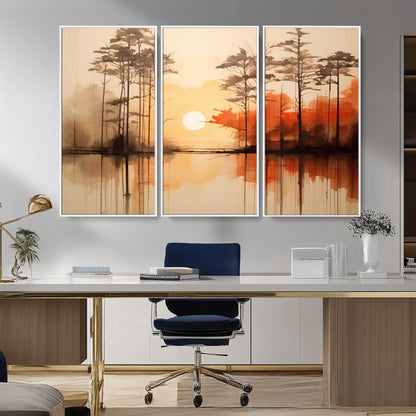 51083-MGV-FC-48X32-3P_White-Sunset Lake Forest Wall Art – Serene Trees and Orange Sky Reflection Canvas Print, Tranquil Nature Decor for Living Room, Office