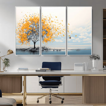 23385-MGV-CV-36X24-Golden Butterfly Tree Wall Art – Abstract Yellow and Gray Canvas Print, Modern Nature Artwork for Living Room, Bedroom or Office