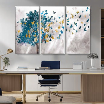 37564-MGV-CV-36X24-Butterfly Tree Wall Art – Modern Nature Canvas Print with Blue and Golden Butterflies, Elegant Decorative Painting for Living Room