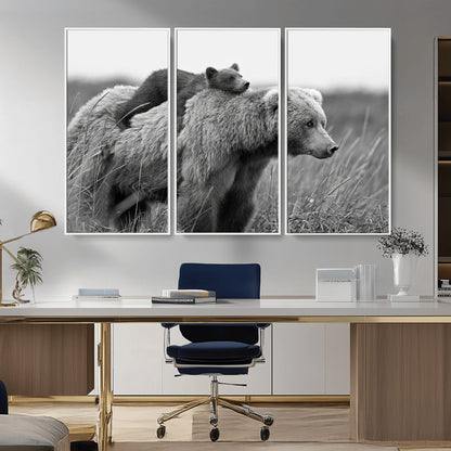 76338-MGV-FC-48X32-3P_White-Mother Bear and Cub Wall Art – Black and White Wildlife Canvas Print, Rustic Nature Photography for Cabin, Living Room or Office
