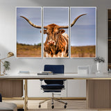 18594-MGV-FC-48X32-3P_White-Texas Longhorn Bull Wall Art – Rustic Western Cattle Canvas Print, Country Farmhouse Decor for Living Room, Office or Cabin