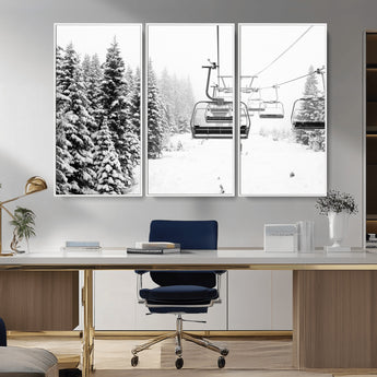 70609-MGV-CV-36X24-Snowy Ski Lift Wall Art – Black and White Winter Mountain Landscape Canvas Print, Rustic Lodge Decor for Cabin, Living Room or