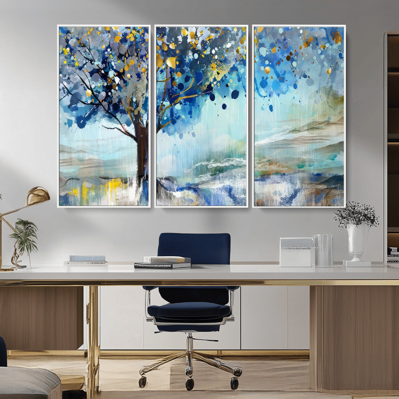 17018-MGV-CV-36X24-Abstract Blue Tree Wall Art – Colorful Canvas Painting with Gold and Silver Accents, Modern Nature Artwork for Living Room,