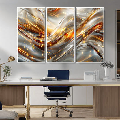 Lines1-MGV-CV-36X24-Abstract Metallic Wall Art – Silver and Gold Wave Canvas Print with Sparkling Accents, Modern Luxury Decor for Living Room, Office