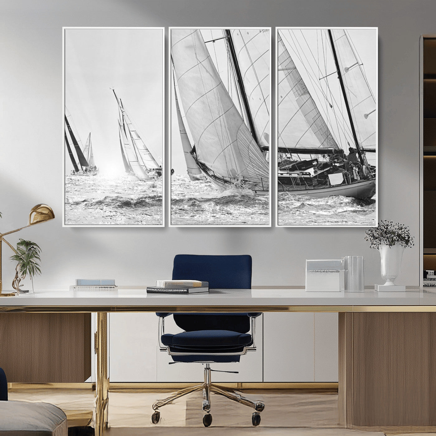 Boat-1-MGV-FC-48X32-3P_White-Sailboat Racing Wall Art – Nautical Black and White Canvas Print, Ocean Adventure Decor for Office, Living Room or Bedroom
