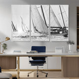 Boat-1-MGV-FC-48X32-3P_White-Sailboat Racing Wall Art – Nautical Black and White Canvas Print, Ocean Adventure Decor for Office, Living Room or Bedroom