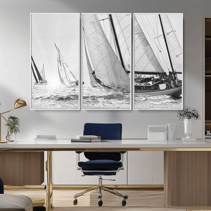 Boat-1-MGV-FC-48X32-3P_White-Sailboat Racing Wall Art – Nautical Black and White Canvas Print, Ocean Adventure Decor for Office, Living Room or Bedroom