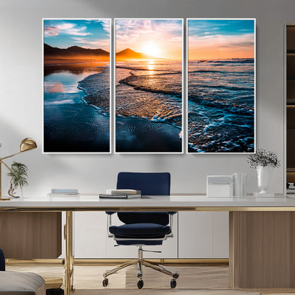 26494-MGV-CV-36X24-Ocean Sunset Wall Art – Scenic Beach Canvas Print with Waves and Mountains, Coastal Seascape Photography for Living Room, Bedroom
