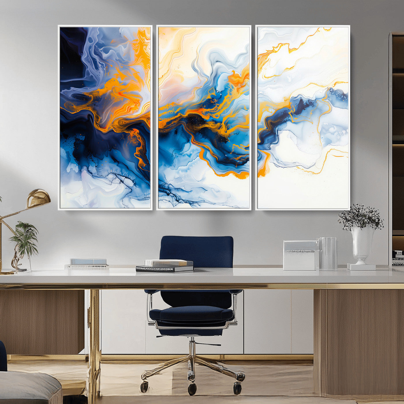 83720-MGV-FC-48X32-3P_White-Abstract Fluid Wall Art – Blue, White and Gold Swirl Canvas Painting, Modern Contemporary Artwork for Living Room, Bedroom or