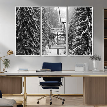 19240-MGV-CV-36X24-Ski Lift Wall Art – Black and White Winter Mountain Canvas Print, Snowy Forest Ski Resort Photography for Cabin, Lodge, Office or