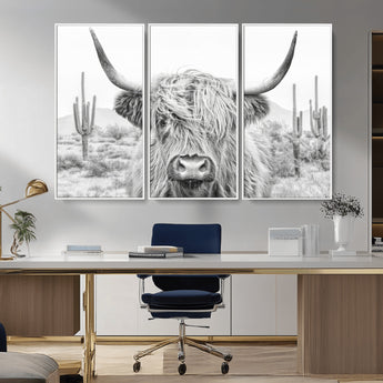 94579-MGV-FC-48X32-3P_White-Highland Cow Wall Art – Black and White Longhorn Canvas Print, Rustic Western Farmhouse Animal Photography for Living Room,