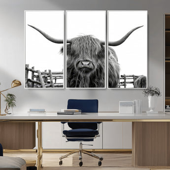 58188-MGV-CV-36X24-Highland Cow Wall Art – Black and White Rustic Farmhouse Canvas Print, Longhorn Cattle Photography Decor for Living Room or