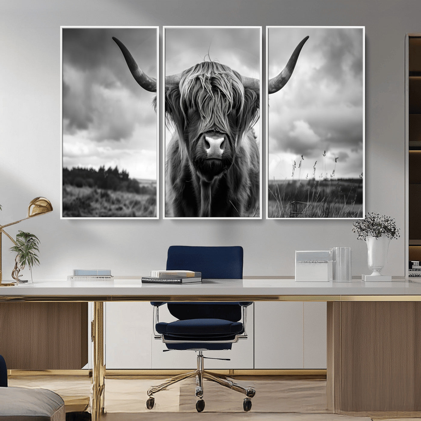 17924-MGV-CV-36X24-Highland Cow Wall Art – Black and White Rustic Longhorn Cattle Canvas Print, Farmhouse Animal Photography Decor for Country Home