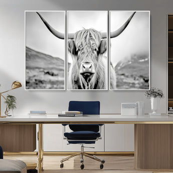 80564-MGV-CV-36X24-Highland Cow Wall Art – Black and White Scottish Highland Canvas Print, Rustic Farmhouse Decor for Living Room, Bedroom or Office