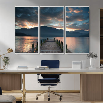 20442-MGV-CV-36X24-Lakeside Sunset Dock Wall Art – Peaceful Mountain Lake Canvas Print, Serene Nature Landscape Decor for Living Room, Bedroom or
