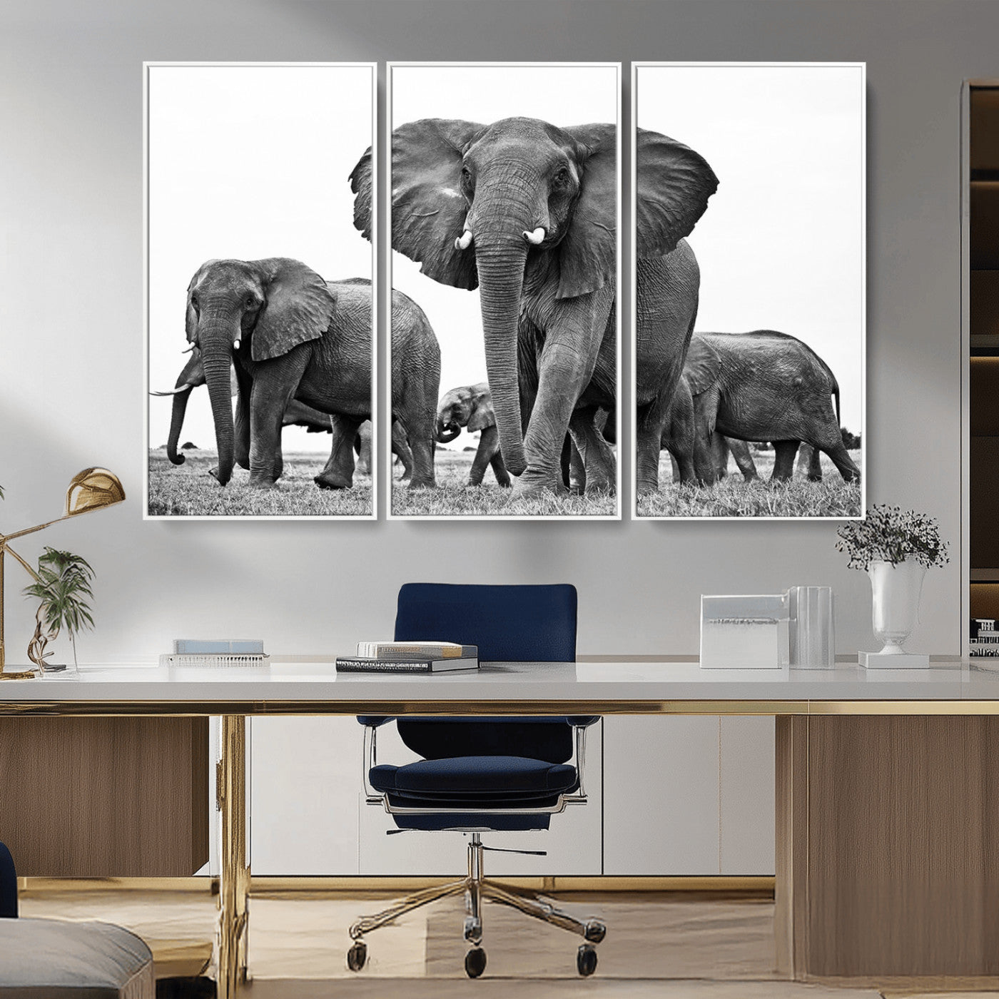 91685-MGV-CV-36X24-Elephant Herd Wall Art – Black and White Safari Canvas Print, African Wildlife Photography Decor for Living Room, Office or