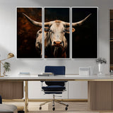 70522-MGV-FC-48X32-3P_White-Longhorn Bull Wall Art – Striking Canvas Print of Majestic Bull, Premium Animal Decor for Home, Office, Man Cave, or Living Room