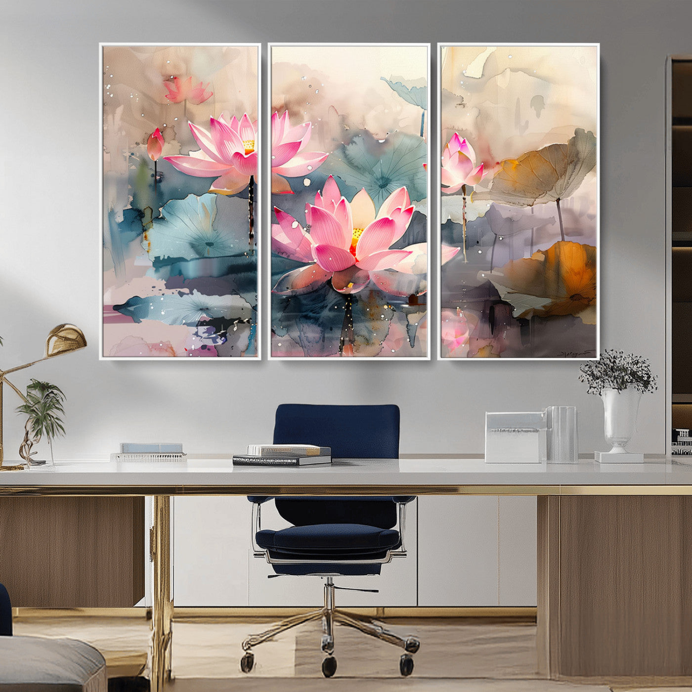 27936-MGV-FC-48X32-3P_White-Lotus Pond Wall Art – Watercolor Pink Lotus Flowers Canvas Print, Tranquil Botanical Artwork for Bedroom, Living Room or