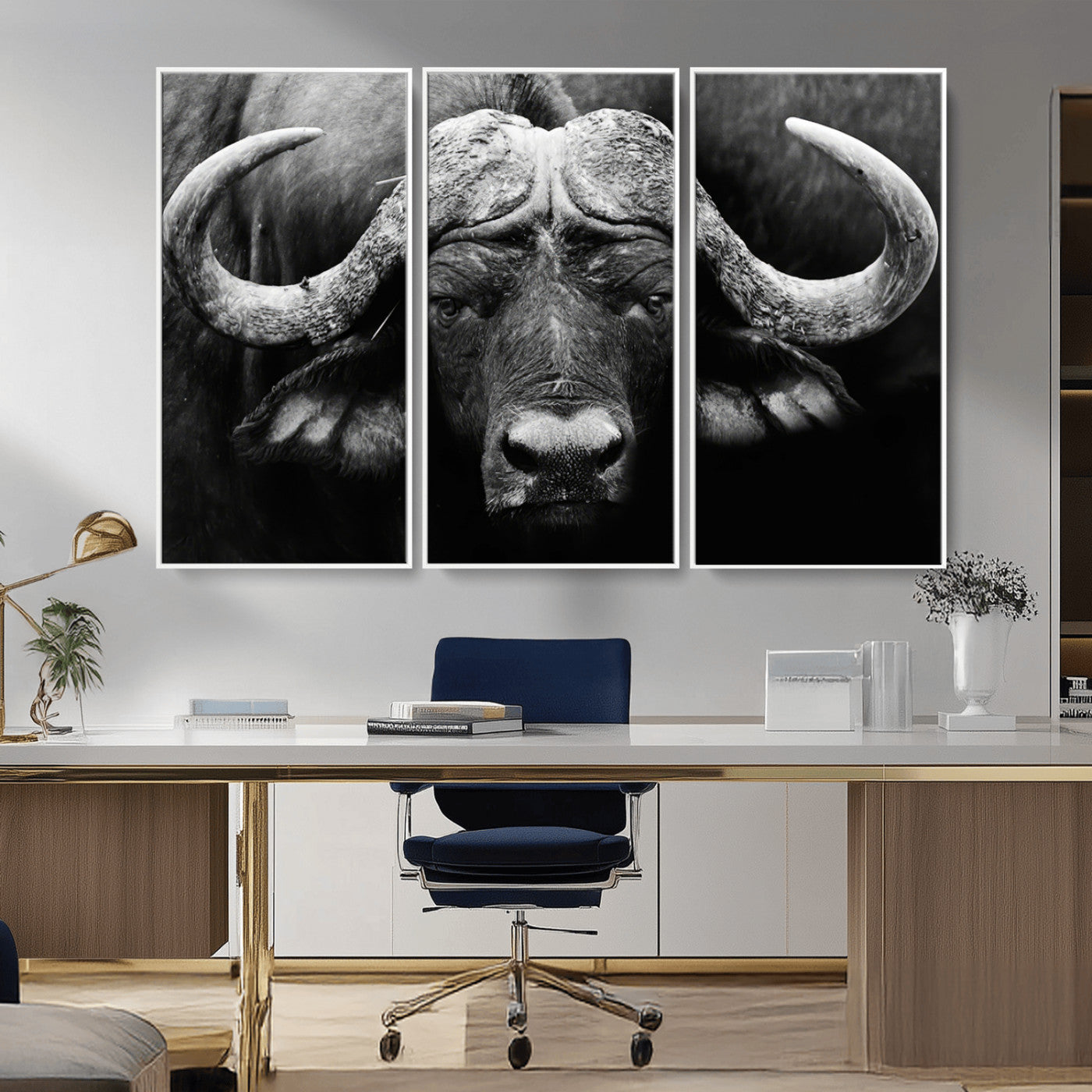 75273-MGV-CV-36X24-Buffalo Wall Art – Black and White African Buffalo Canvas Print, Rustic Wildlife Animal Artwork for Farmhouse, Living Room,