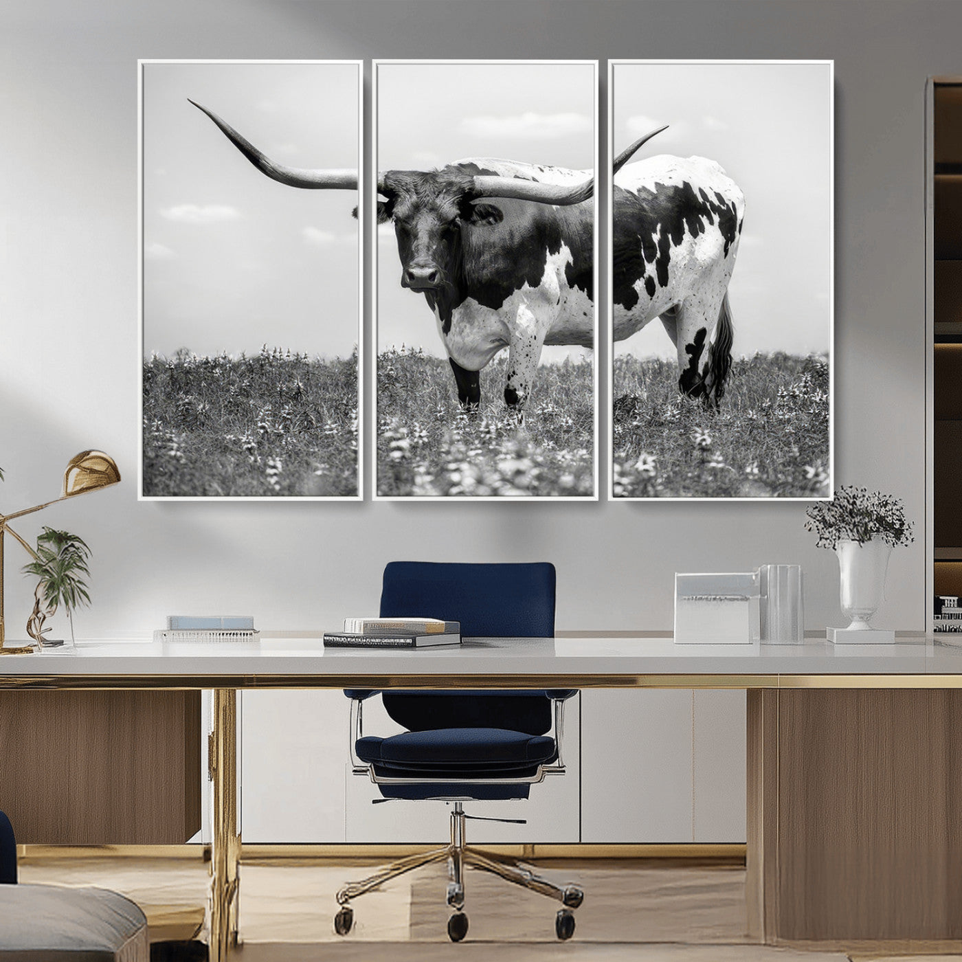94709-MGV-CV-36X24-Texas Longhorn Wall Art – Black and White Bull Photography Canvas Print, Western Farmhouse Wall Decor for Living Room, Office or