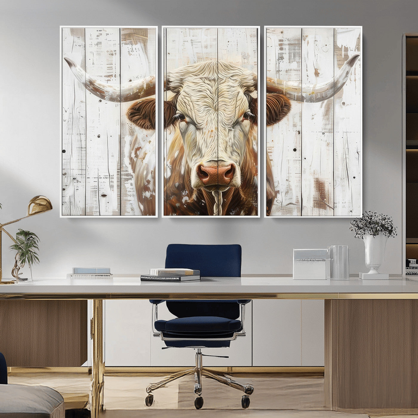 71551-MGV-CV-36X24-Longhorn Bull Wall Art – Rustic Western Cow Canvas Print, Farmhouse Animal Painting with Wood Plank Style for Living Room, Office