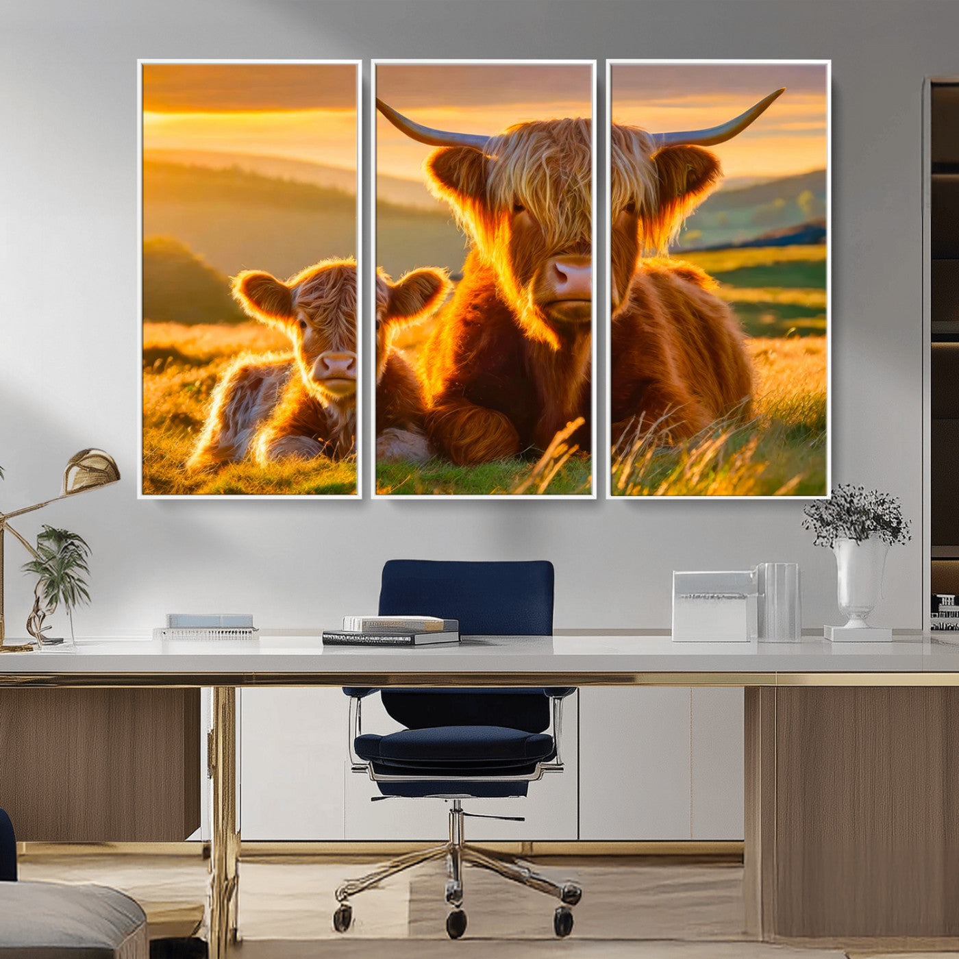 20567-MGV-CV-36X24-Highland Cow and Calf Wall Art – Rustic Farmhouse Sunset Cattle Canvas Print, Country Animal Artwork for Living Room, Bedroom, or
