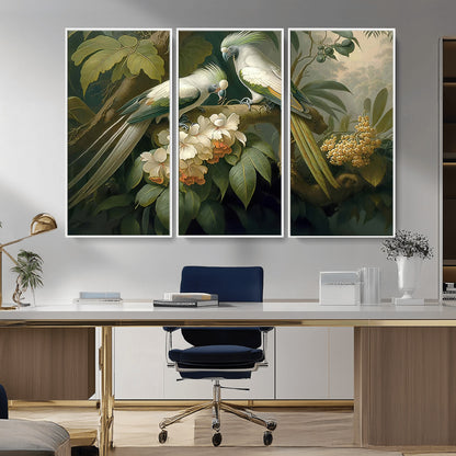 84047-MGV-FC-48X32-3P_White-Tropical Birds Wall Art – Elegant Botanical Canvas Print, Exotic Nature Decor for Living Room, Bedroom or Office