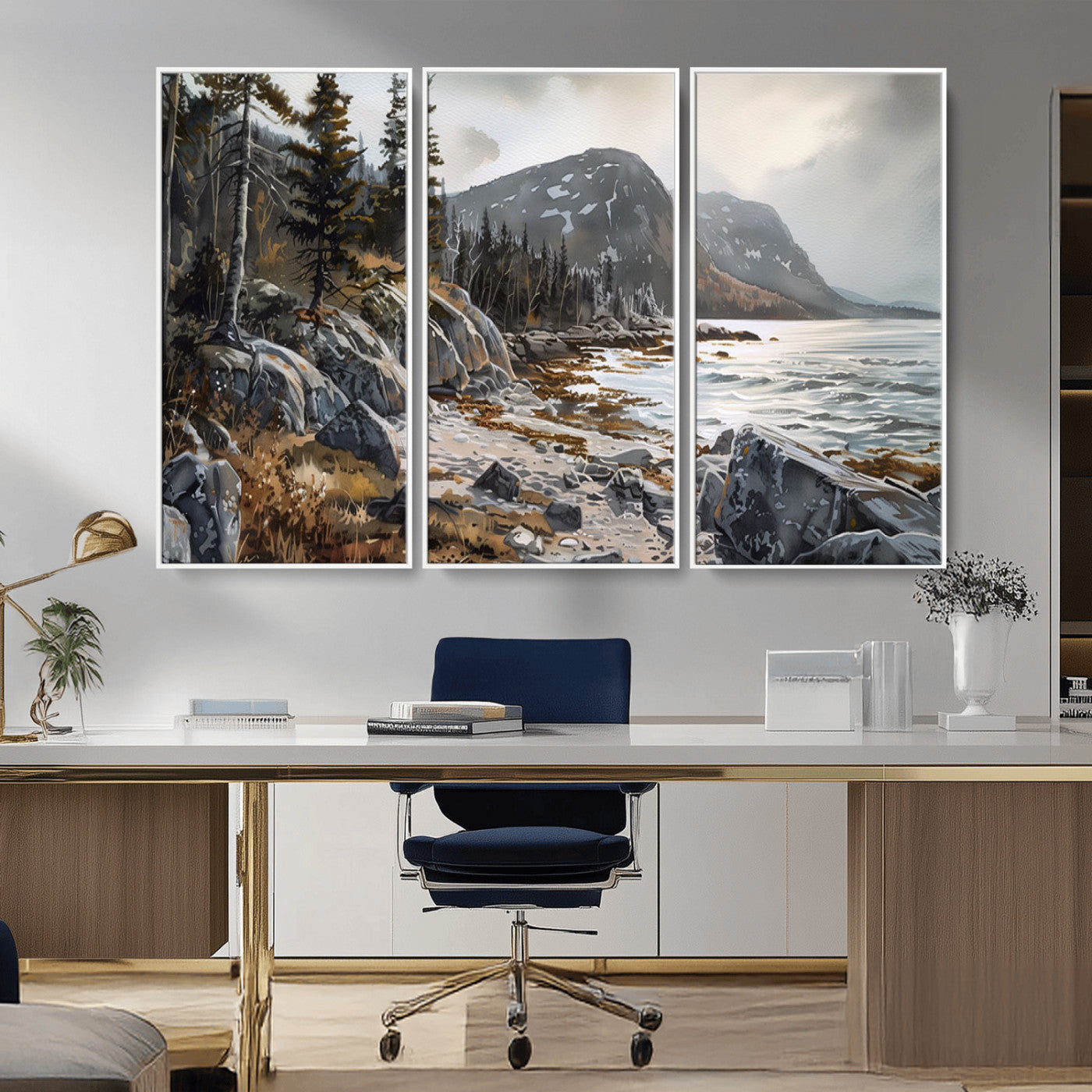 41281-MGV-CV-36X24-Rocky Shoreline Wall Art – Panoramic Mountain Coast and Forest Canvas Print, Rustic Nature Landscape Decor for Cabin, Lodge, or