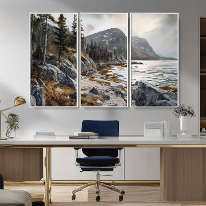 41281-MGV-CV-36X24-Rocky Shoreline Wall Art – Panoramic Mountain Coast and Forest Canvas Print, Rustic Nature Landscape Decor for Cabin, Lodge, or