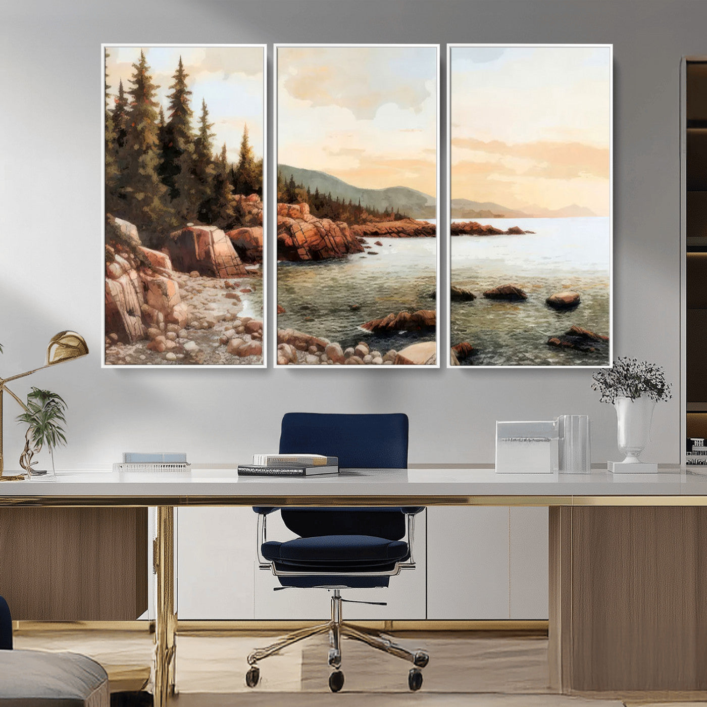 77145-MGV-CV-36X24-Coastal Landscape Wall Art – Panoramic Rocky Shoreline and Pine Trees Canvas Print, Rustic Nature Decor for Cabin, Lodge, Office,