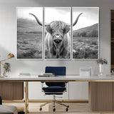 52903-MGV-CV-36X24-Highland Cow Wall Art – Black and White Canvas Print Rustic Cattle Portrait, Farmhouse Country Decor for Living Room, Office,