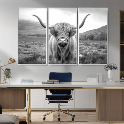 52903-MGV-CV-36X24-Highland Cow Wall Art – Black and White Canvas Print Rustic Cattle Portrait, Farmhouse Country Decor for Living Room, Office,
