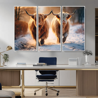 94810-MGV-CV-36X24-Highland Cow Wall Art – Rustic Canvas Print Two Cattle Snow Path Sunset, Farmhouse Country Decor for Living Room, Bedroom, Office,
