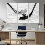 82900-MGV-FC-48X32-3P_White-Hockey Wall Art – Black and White Canvas Print Ice Rink Sticks Puck Sports Photography, Modern Decor for Game Room, Man Cave,