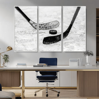 82900-MGV-FC-48X32-3P_White-Hockey Wall Art – Black and White Canvas Print Ice Rink Sticks Puck Sports Photography, Modern Decor for Game Room, Man Cave,