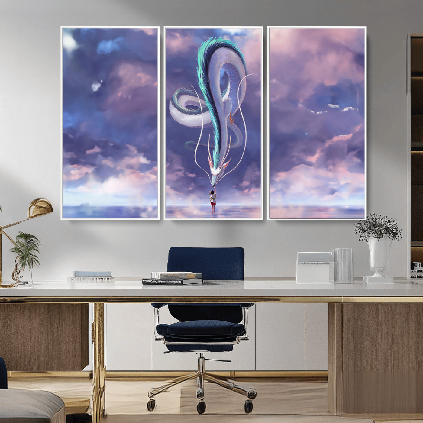 66864-MGV-CV-36X24-Fantasy Dragon Wall Art – Mystical Canvas Print Girl and Sky Serpent Dreamlike Clouds, Magical Anime Inspired Decor for Living