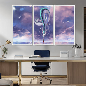 66864-MGV-CV-36X24-Fantasy Dragon Wall Art – Mystical Canvas Print Girl and Sky Serpent Dreamlike Clouds, Magical Anime Inspired Decor for Living