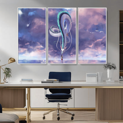 66864-MGV-CV-36X24-Fantasy Dragon Wall Art – Mystical Canvas Print Girl and Sky Serpent Dreamlike Clouds, Magical Anime Inspired Decor for Living