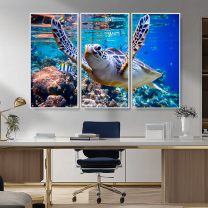 12683-MGV-FC-48X32-3P_White-Sea Turtle Wall Art – Graceful Ocean Canvas Print with Coral Reef and Tropical Fish, Coastal Marine Life Decor for Beach House,