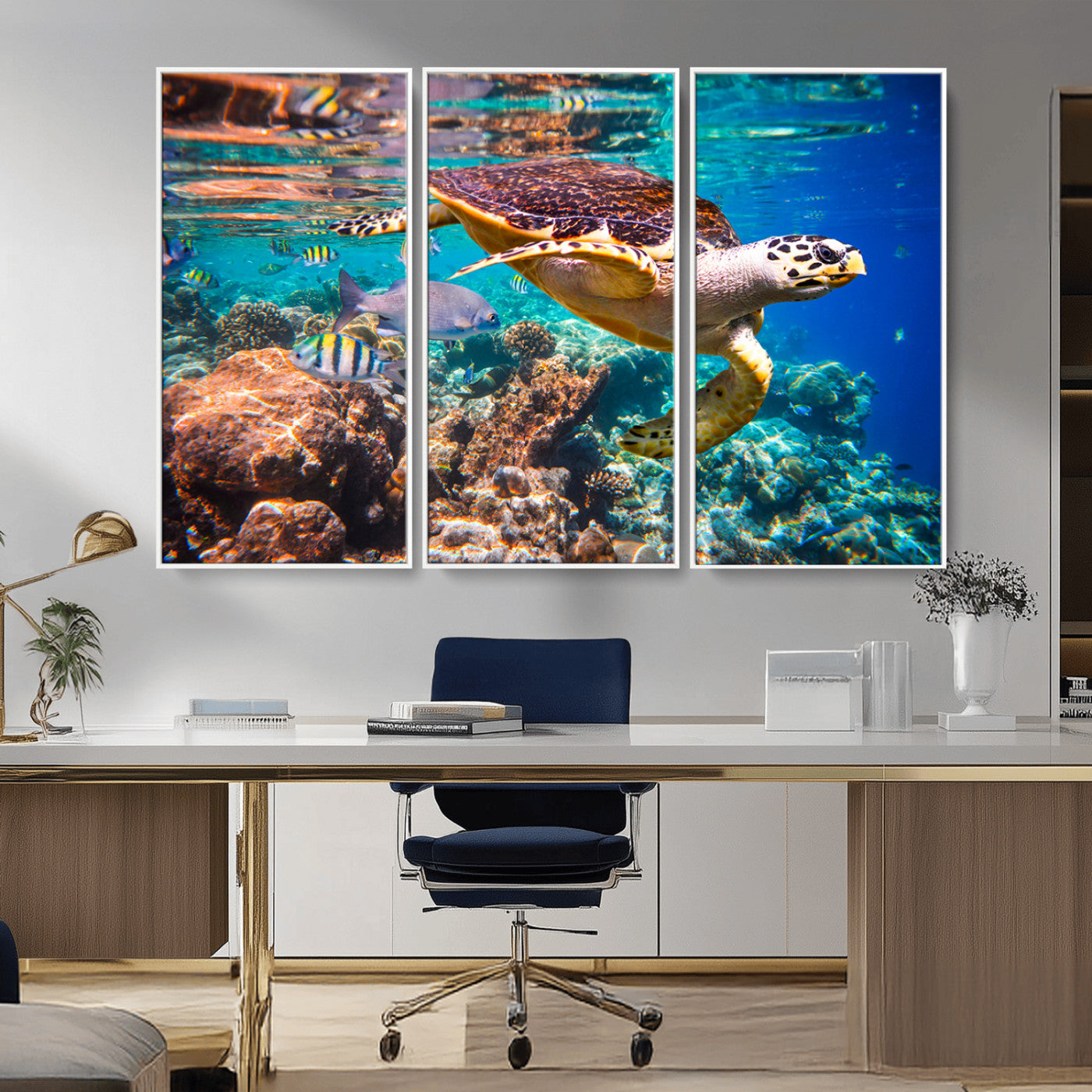 66614-MGV-CV-36X24-Sea Turtle Wall Art – Hawksbill Turtle Swimming Over Coral Reef Canvas Print, Ocean Marine Life Decor for Beach House, Coastal